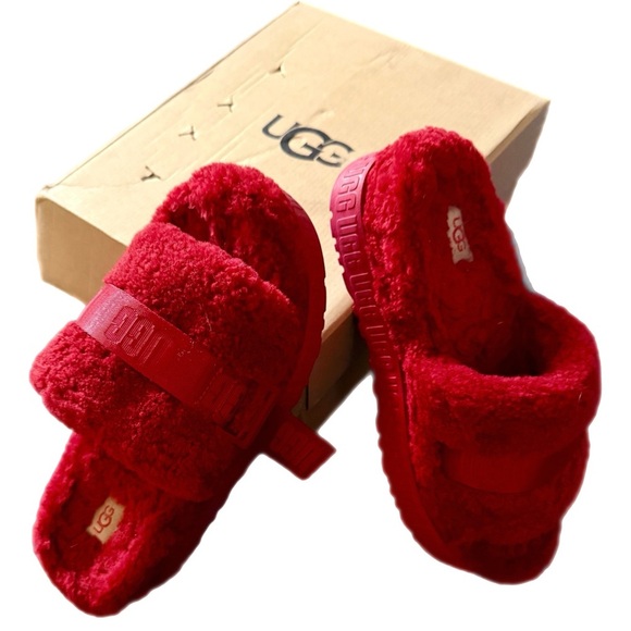UGG Fluffita Sheep Fur Platform Slippers - Sandals Red size 9 (worn twice) - Picture 4 of 17